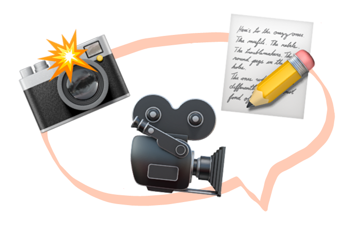 Drei Emojis zeigen die drei hauptsächlichen Skillbereiche der syd media Agentur aus Kalrsruhe, welche Fotografie, Videografie und Storytelling sind.